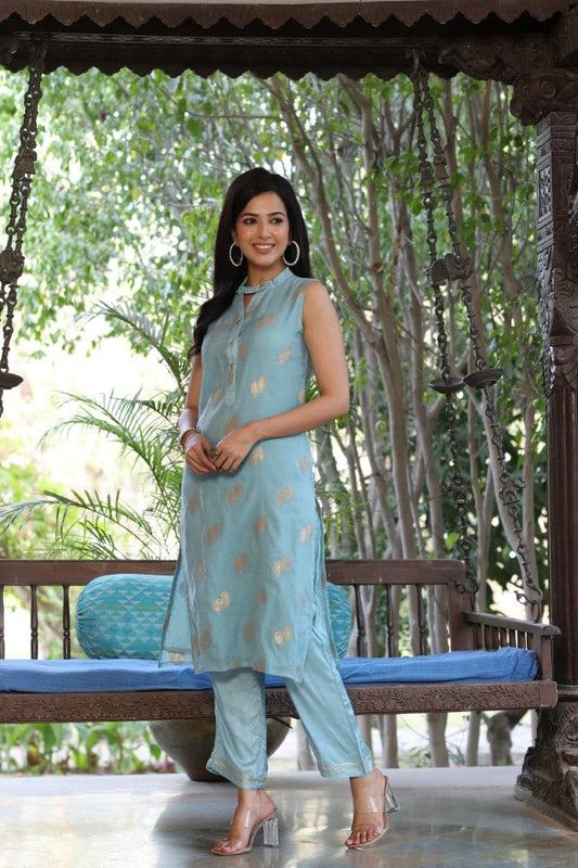Ahika Blue Poly Chanderi Woven Kurta Set