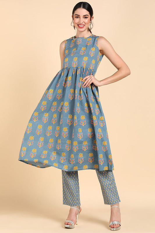 Ahika Blue Pure Cotton Floral Print Anarkali Kurta Set