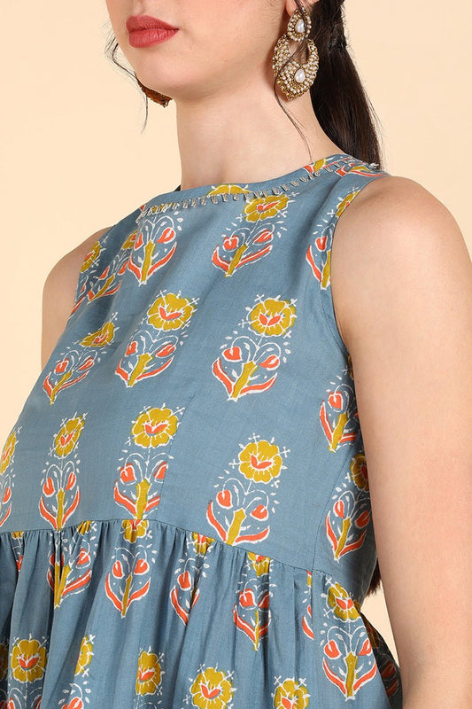 Ahika Blue Pure Cotton Floral Print Anarkali Kurta Set