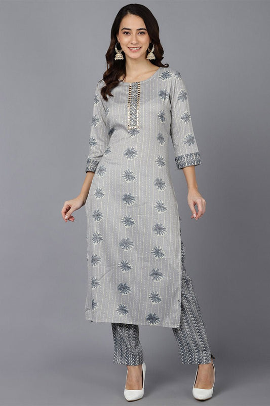 Ahika Grey Cotton Blend Straight kurta Set