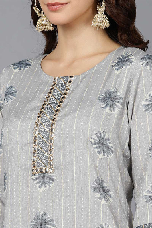 Ahika Grey Cotton Blend Straight kurta Set