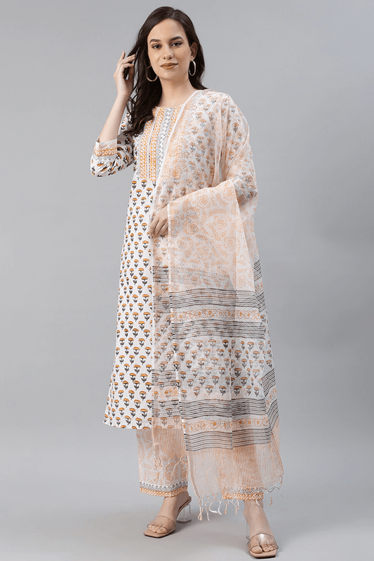 Ahika White Cotton Ethnic Motifs Printed Straight Kurta Palazzo Dupatta Set