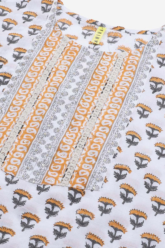 Ahika White Cotton Ethnic Motifs Printed Straight Kurta Palazzo Dupatta Set