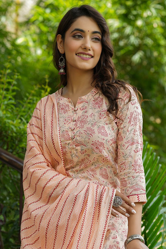 Ahika Orange Cotton Straight Suit Set