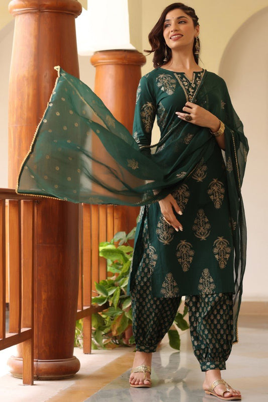 Ahika Green Gold Ethnic Print sequence Detail Cotton Kurta with Trousers Dupatta