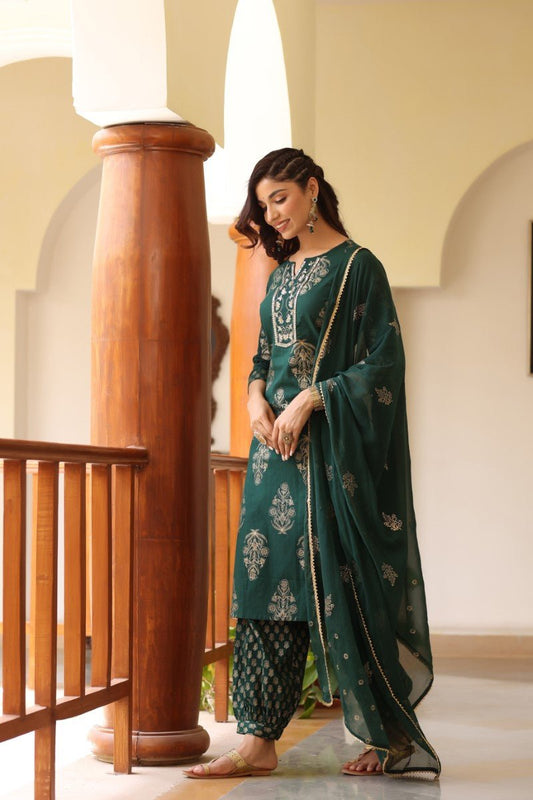 Ahika Green Gold Ethnic Print sequence Detail Cotton Kurta with Trousers Dupatta