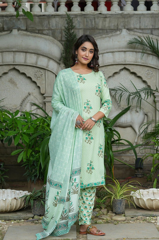 Ahika Green Pure Cotton Straight Suit Set