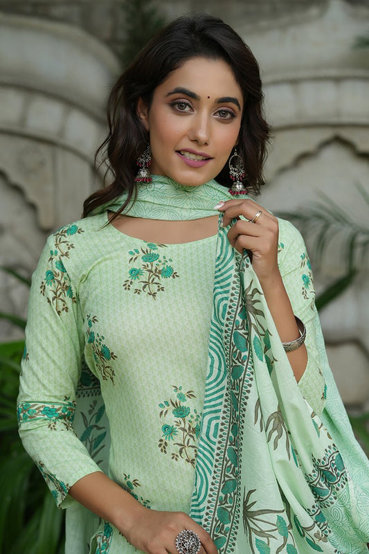 Ahika Green Pure Cotton Straight Suit Set