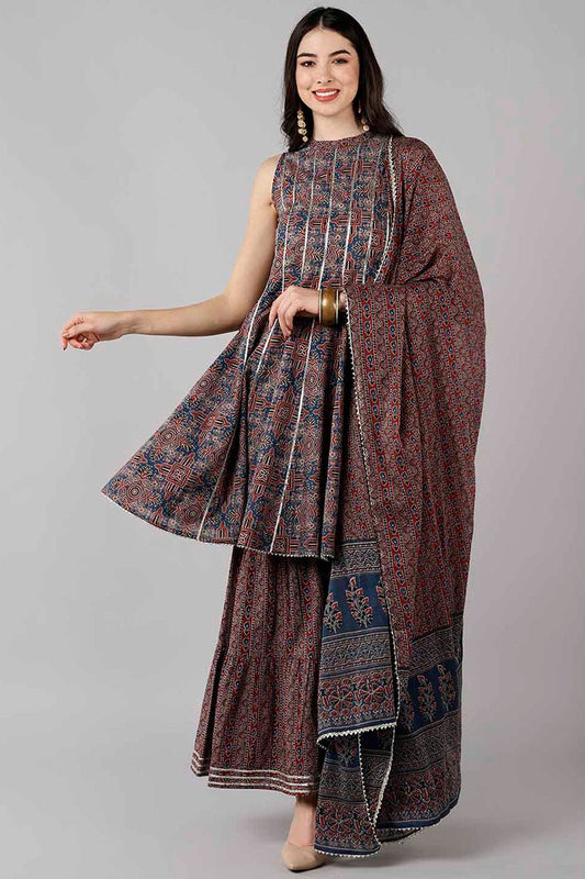Ahika Blue Pure Cotton Flared Kurta Sharara With Dupatta