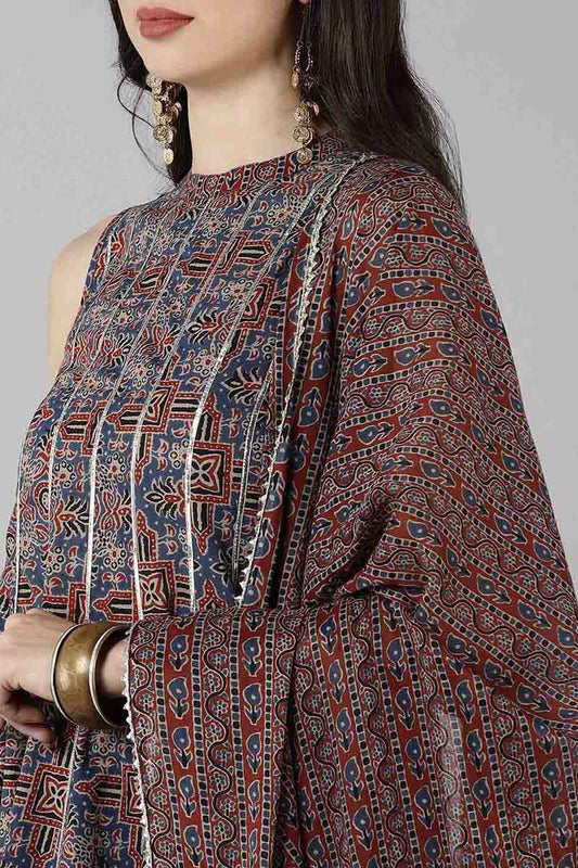 Ahika Blue Pure Cotton Flared Kurta Sharara With Dupatta