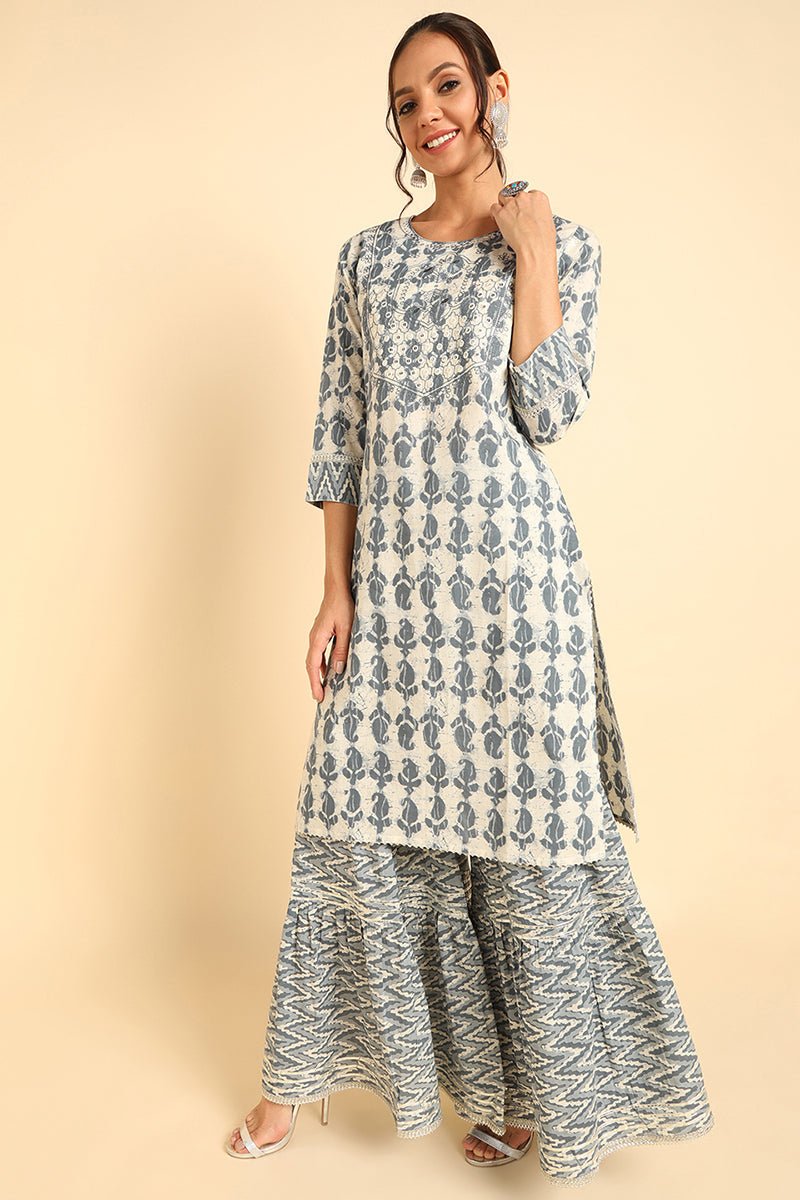 Ahika Off-White Cotton Straight Sharara Suit Set | Grab2Buy