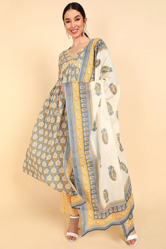 Ahika Yellow Pure Cotton Ethnic Motifs Printed Flared Style Suit Set