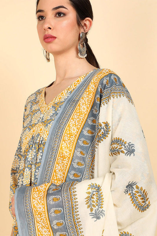 Ahika Yellow Pure Cotton Ethnic Motifs Printed Flared Style Suit Set