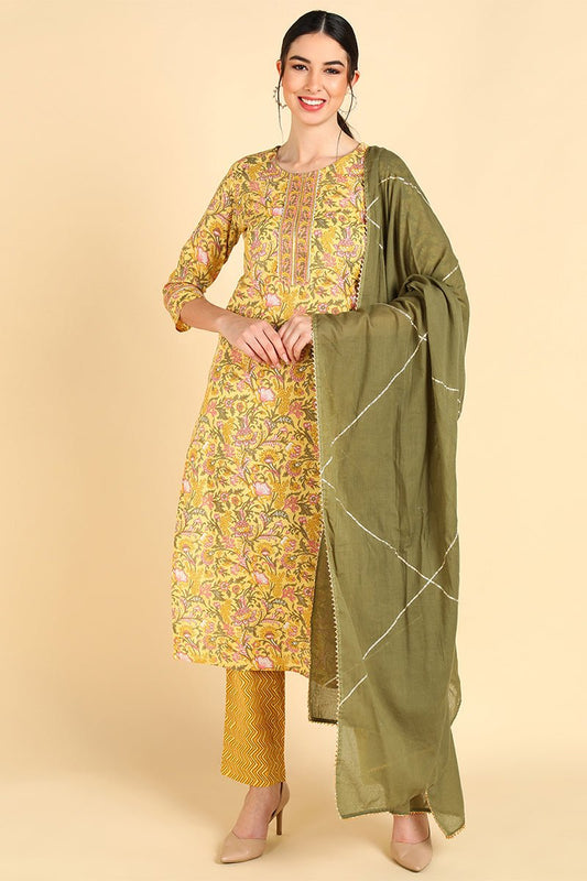 Ahika Yellow Pure Cotton Straight Kurta Pant With Dupatta Set
