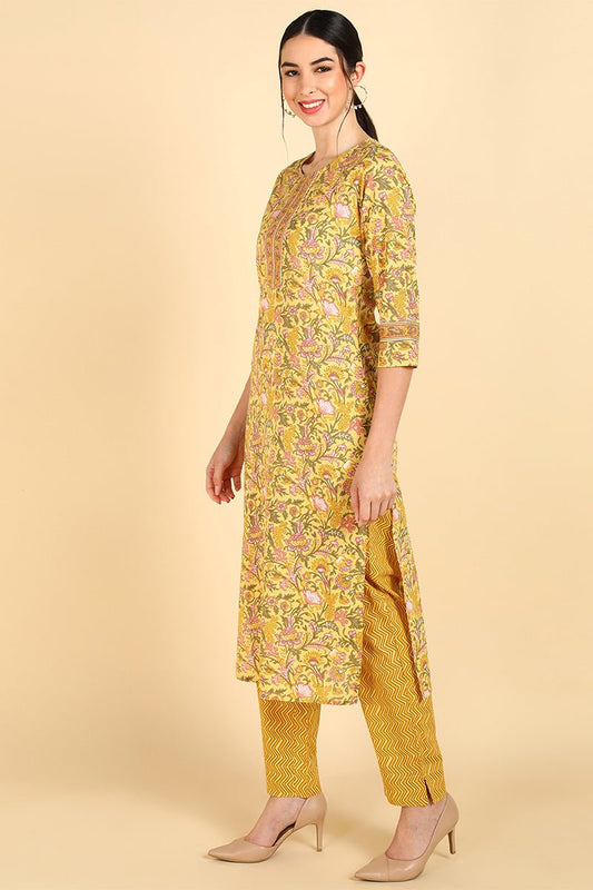 Ahika Yellow Pure Cotton Straight Kurta Pant With Dupatta Set