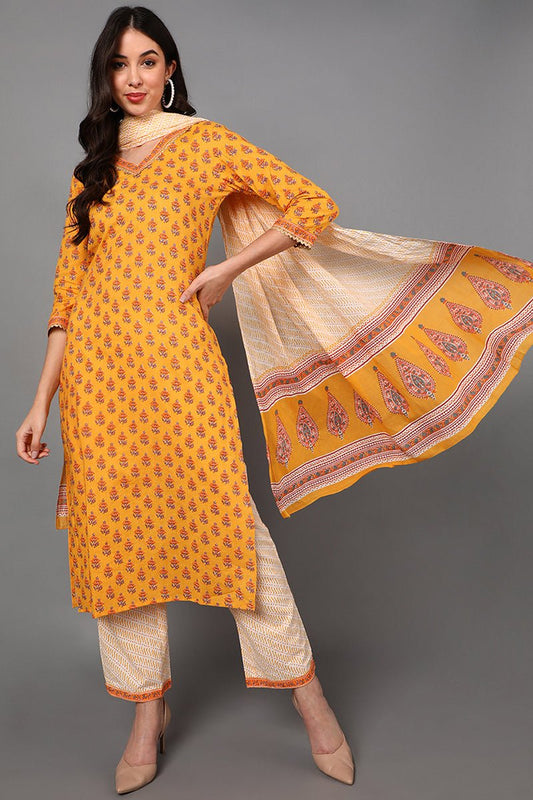 Ahika Yellow Pure Cotton Ethnic Motifs Straight Suit Set