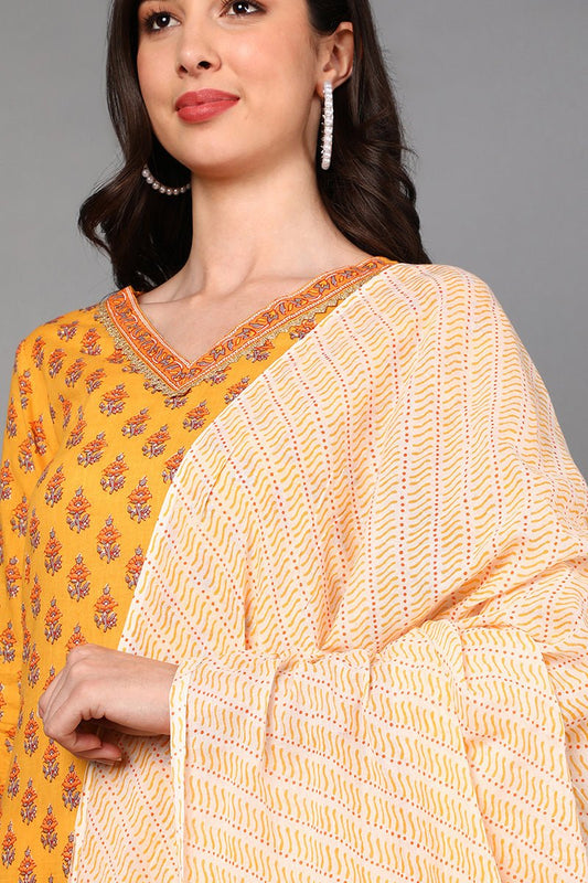 Ahika Yellow Pure Cotton Ethnic Motifs Straight Suit Set