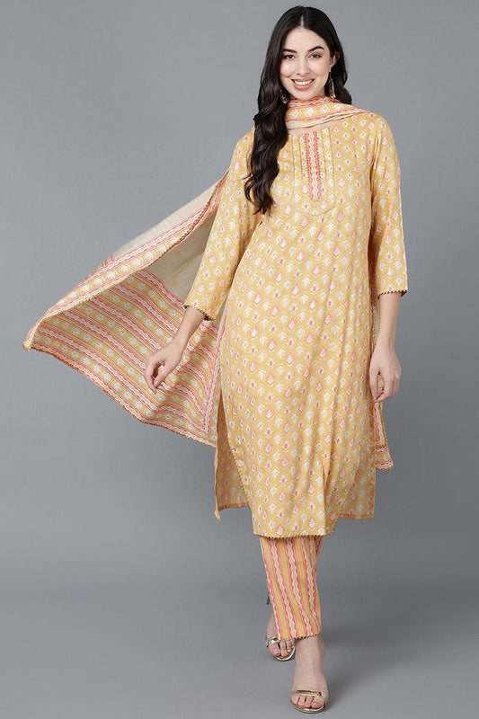 Ahika Yellow Pure Cotton Straight Suit Set