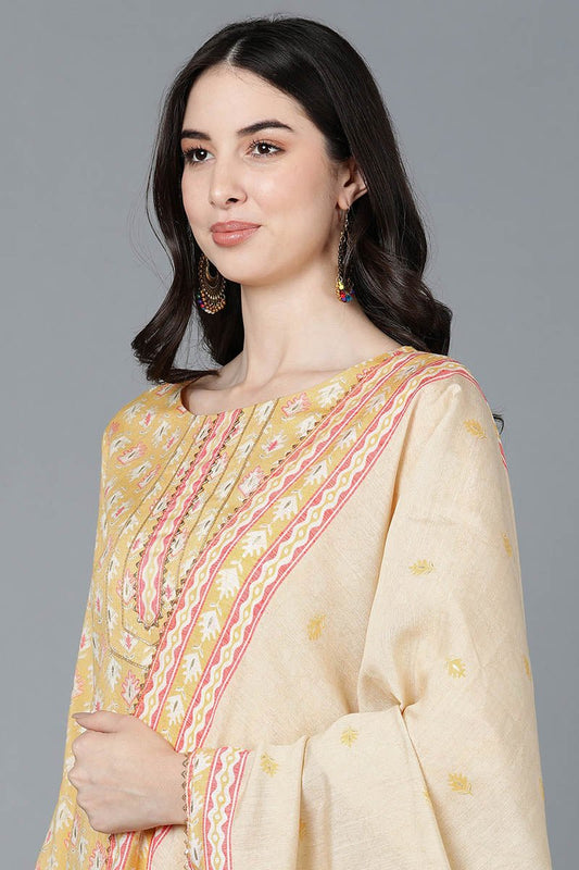 Ahika Yellow Pure Cotton Straight Suit Set