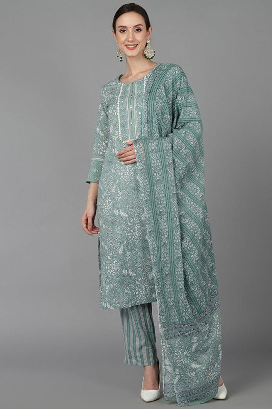 Ahika Green Pure Cotton Suit Set