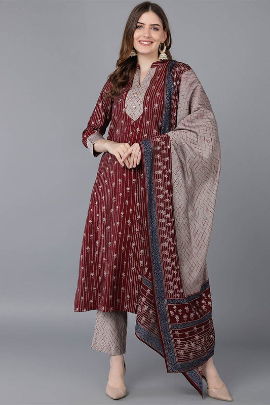 Ahika Maroon Poly Silk Straight Kurta Pant With Dupatta