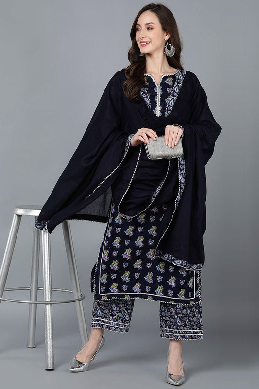 Ahika Navy Blue Pure Cotton Straight Kurta Palazzo With Dupatta