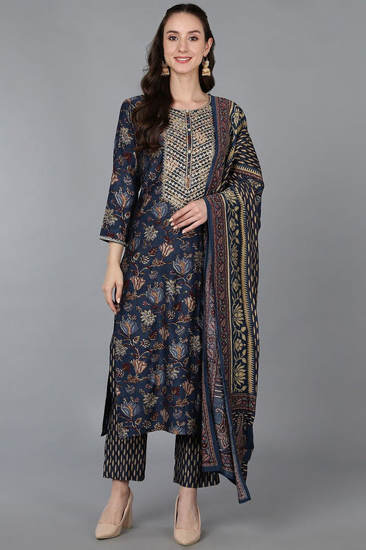 Ahika Blue Silk Blend Floral Print Embroidered Straight Suit Set