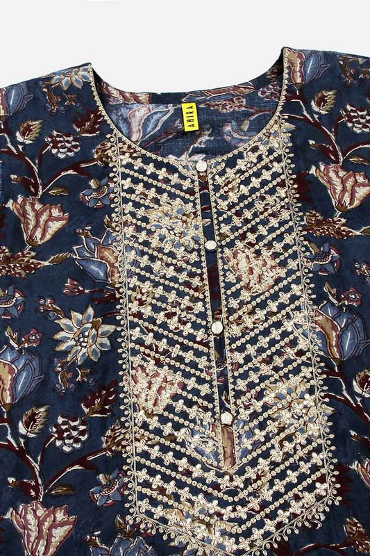 Ahika Blue Silk Blend Floral Print Embroidered Straight Suit Set