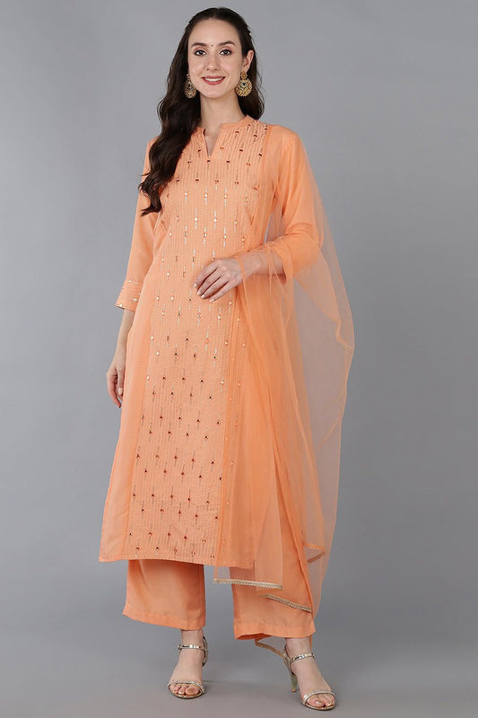 Ahika Peach Silk Blend Solid Straight Suit Set