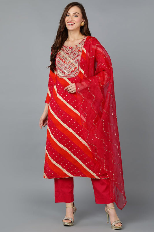 Ahika Pink Viscose Rayon Embroidered Leheriya Printed Kurta Pant With Dupatta