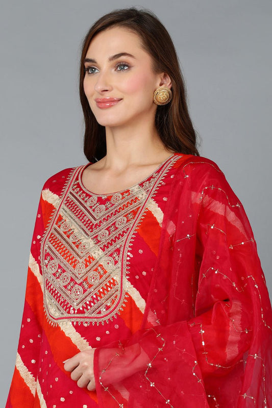 Ahika Pink Viscose Rayon Embroidered Leheriya Printed Kurta Pant With Dupatta