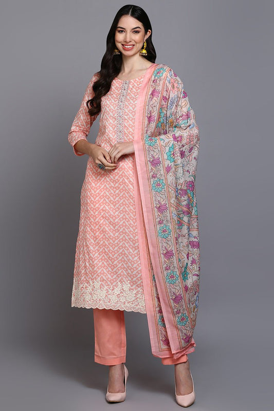 Ahika Cotton Peach Printed Straight Kurta Pant With Dupatta