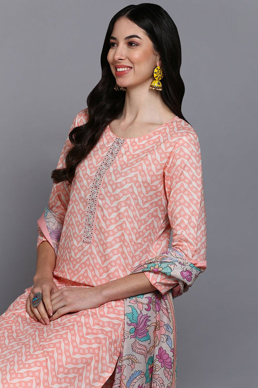 Ahika Cotton Peach Printed Straight Kurta Pant With Dupatta