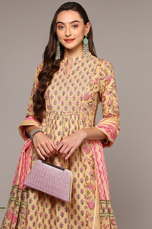 Ahika Cream Pure Cotton Printed Flared Suit Set