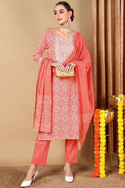 Ahika Peach Cotton Bandhani Printed Straight Suit Set