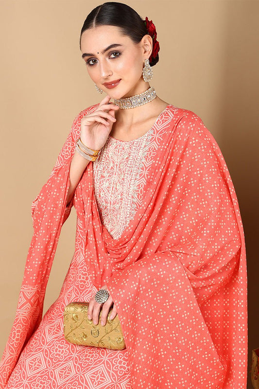 Ahika Peach Cotton Bandhani Printed Straight Suit Set