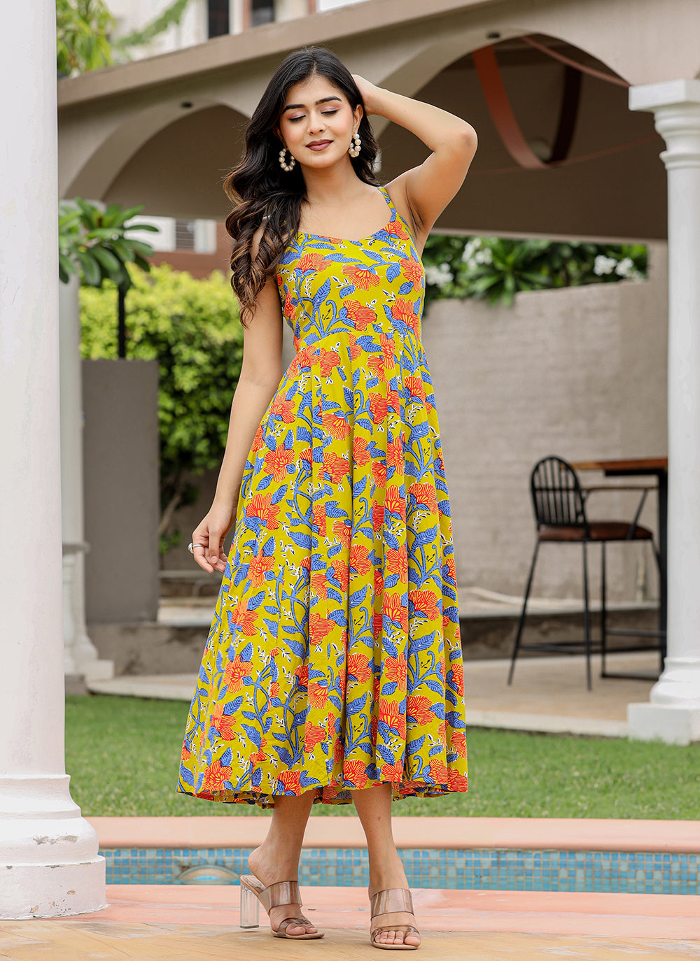 Kaajh Women's Floral Green Hand Block Print Sleeveless Dress