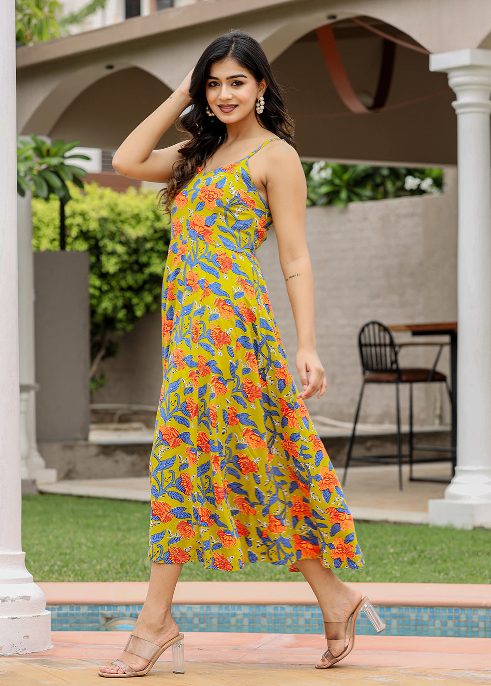 Kaajh Women's Floral Green Hand Block Print Sleeveless Dress