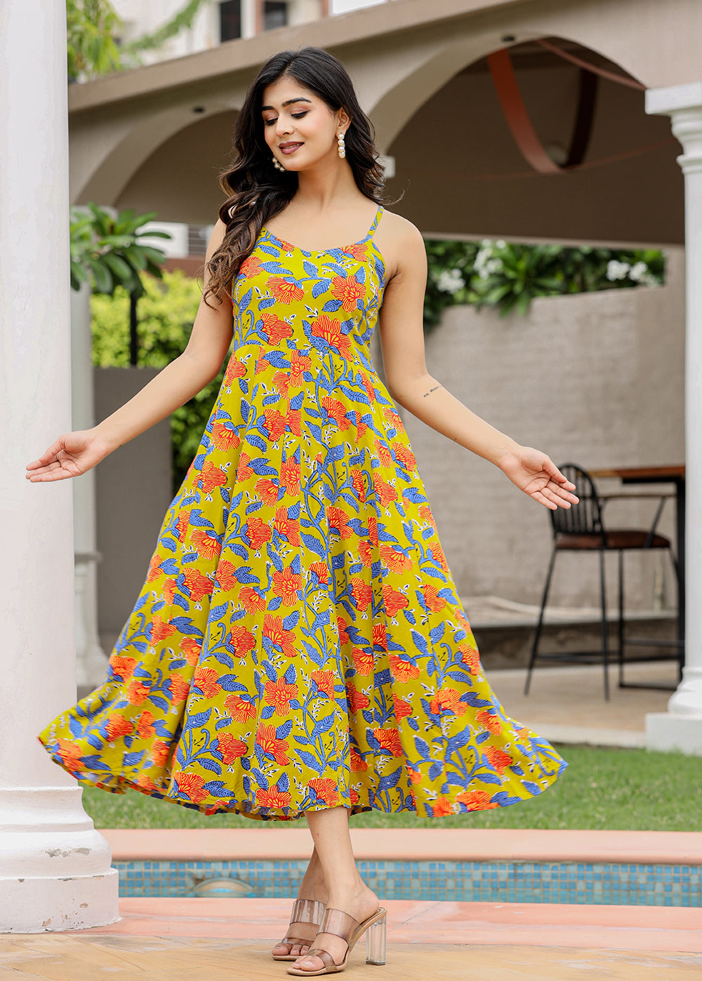 Kaajh Women's Floral Green Hand Block Print Sleeveless Dress