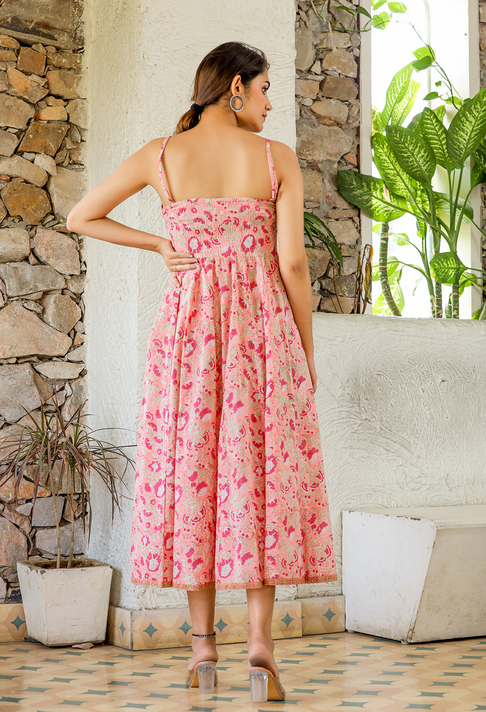 Kaajh Women's Floral Pink Hand Block Print Sleeveless Dress