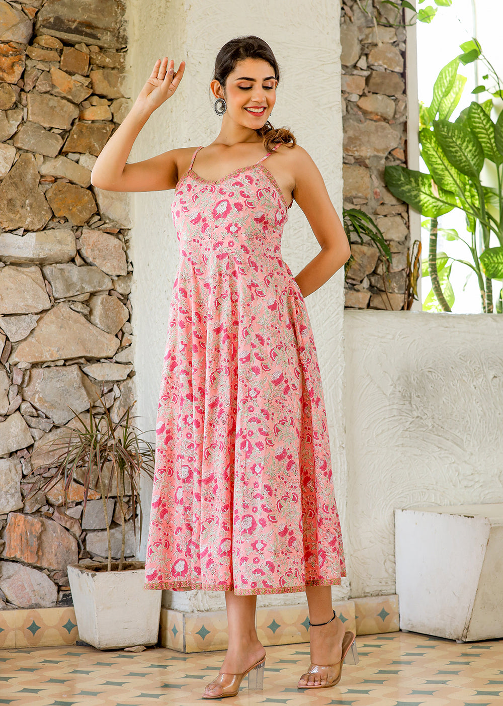 Kaajh Women's Floral Pink Hand Block Print Sleeveless Dress