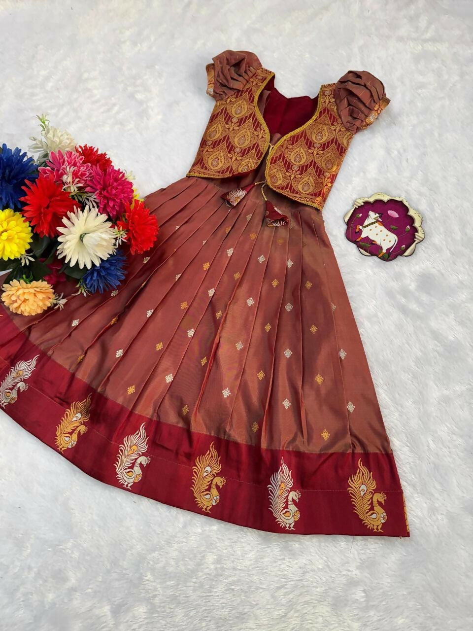 Teeya Creation New Designer Girls Rust Red Silk Traditional Langa Voni Lehenga Set With Koti Jacket-Red