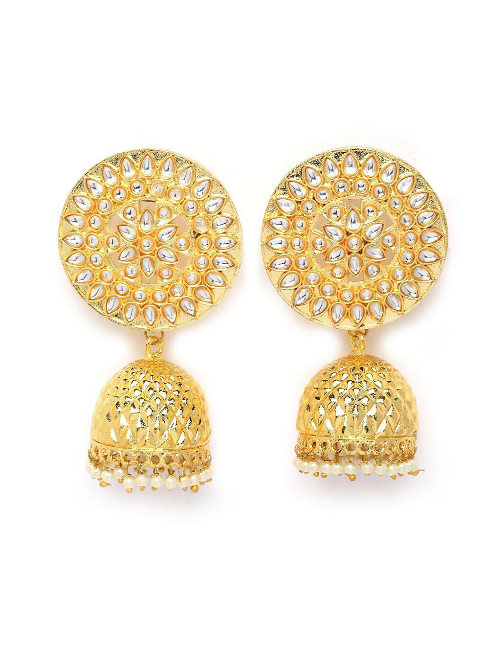 Golden Gold-Polished Circular Shaped Brass Jhumka Earrings For Women And Girls By House of Ree House of Ree