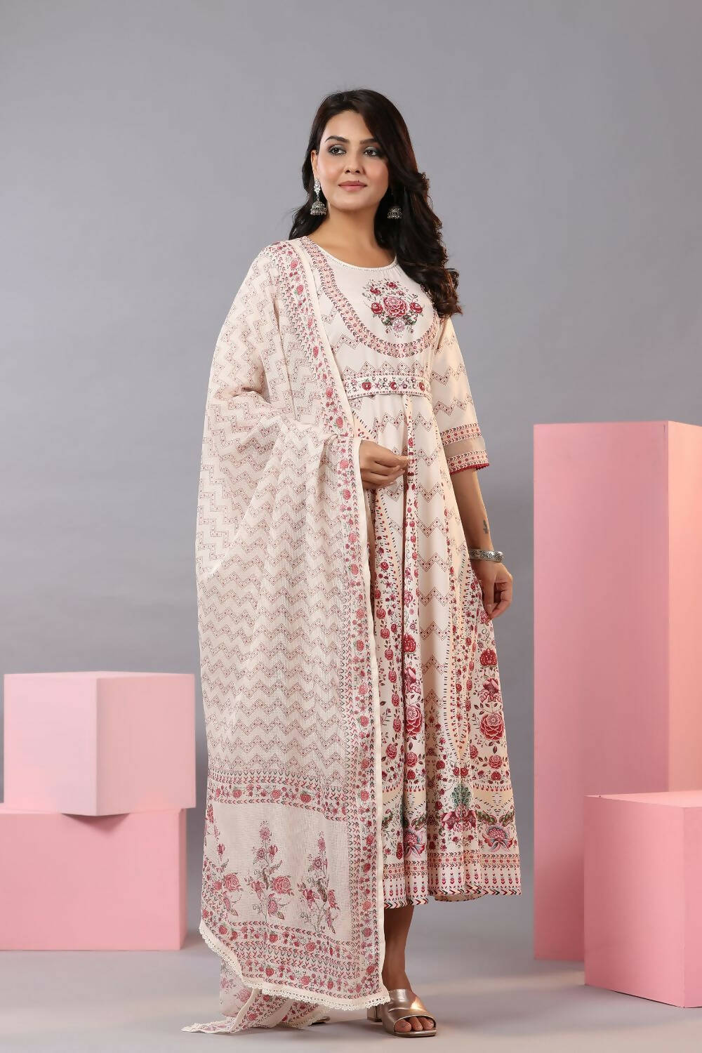Juniper Women Ecru Rayon Floral Printed Kurta and Dupatta Set