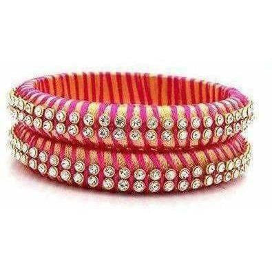 Pink Color Threaded and White Stone Bangles - Set of 2 Bangles - Grab2buy