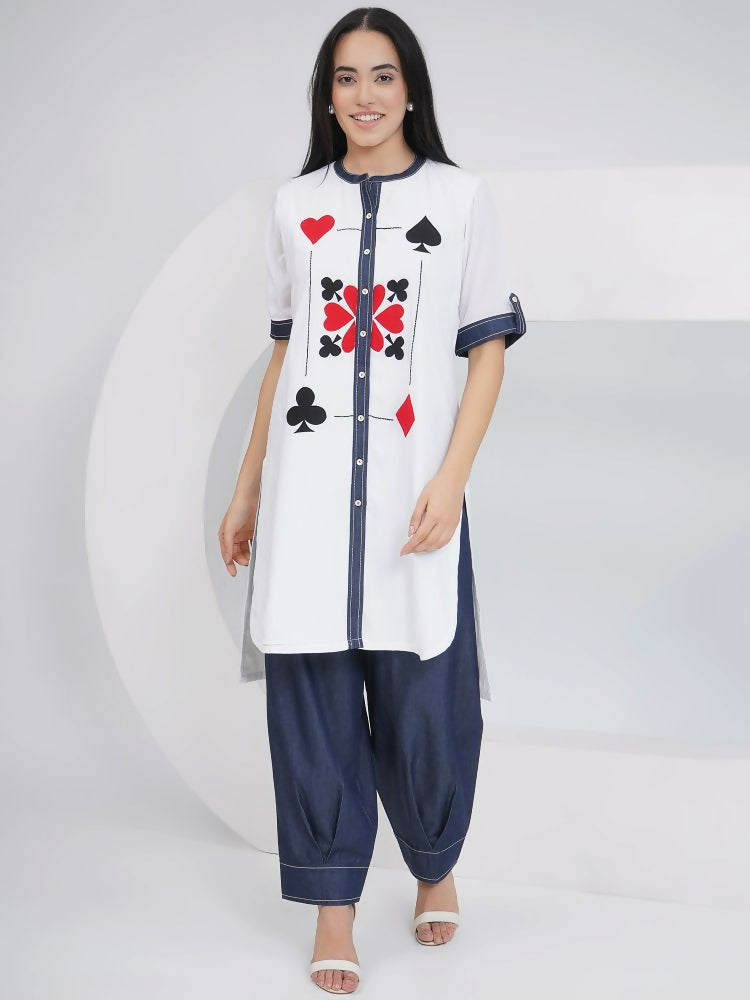 Joban Fashion White Rayon Crepe Applique Embroidered Shirt with Afghani Pants