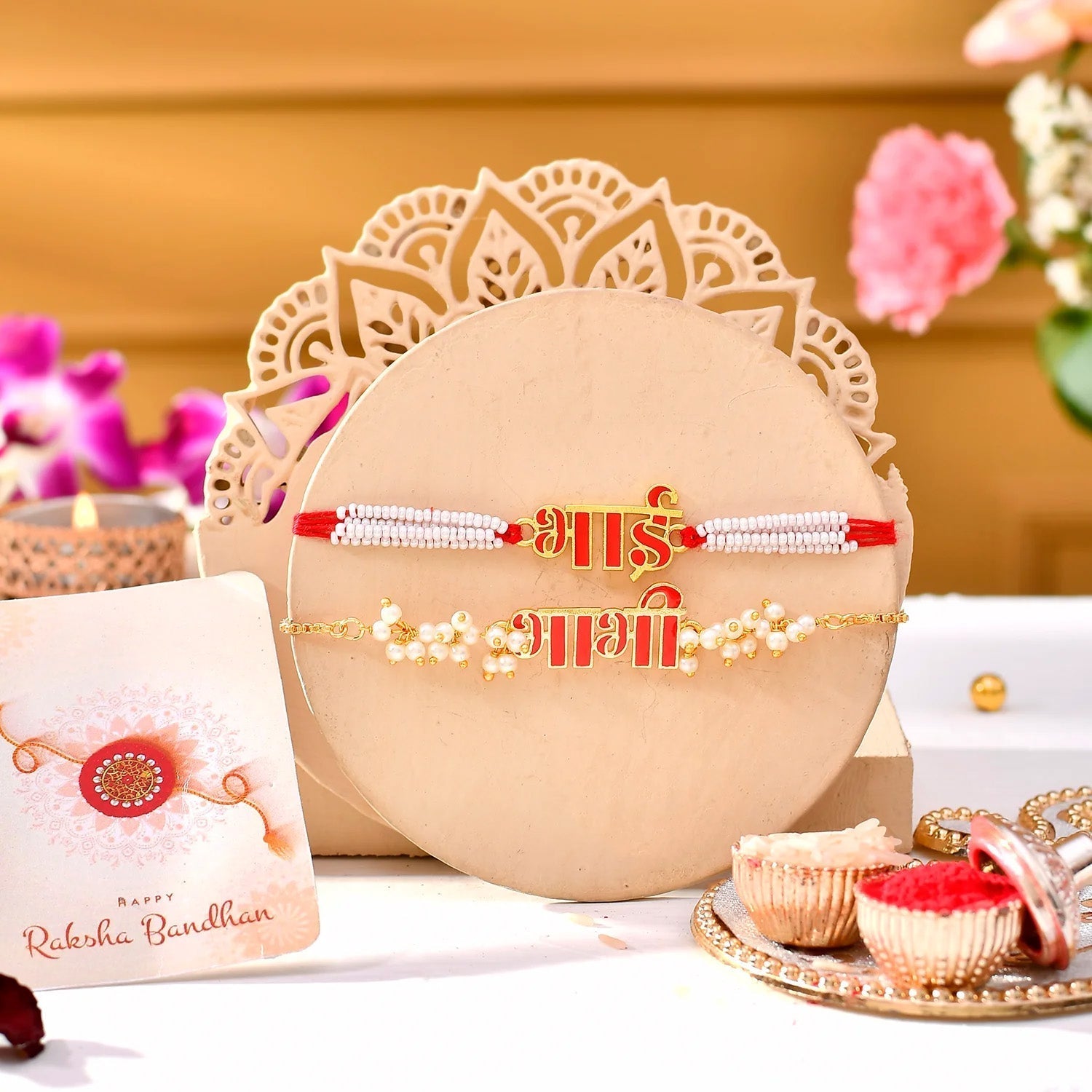 trueBrowns X Voylla Red Enamel Bhai-Bhabhi Lumba Rakhi Combo For Bhaiya Bhabhi | Grab2Buy
