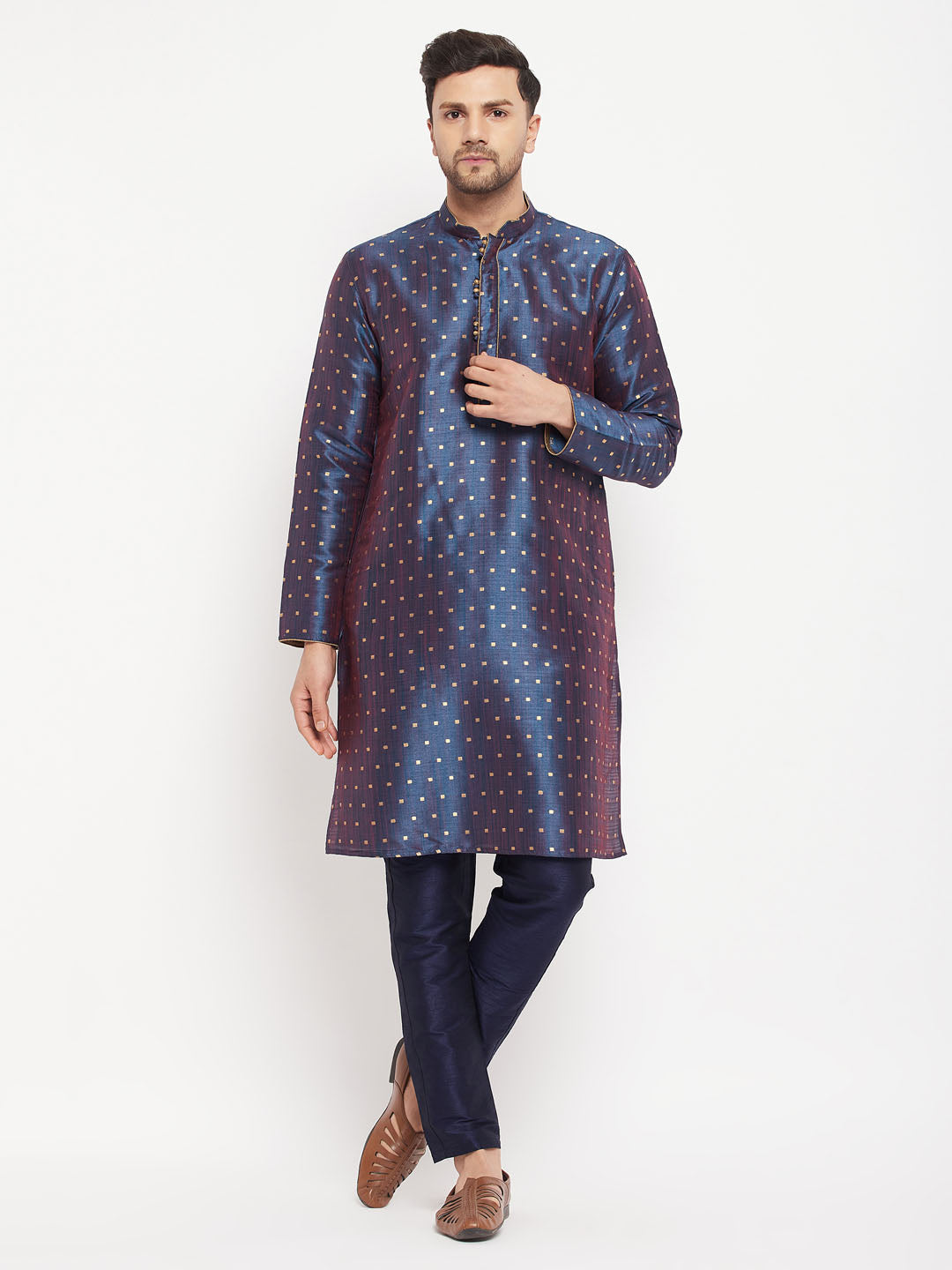 VM by Vastramay Men's Navy Blue Silk Blend Kurta Pyjama Set | Grab2Buy