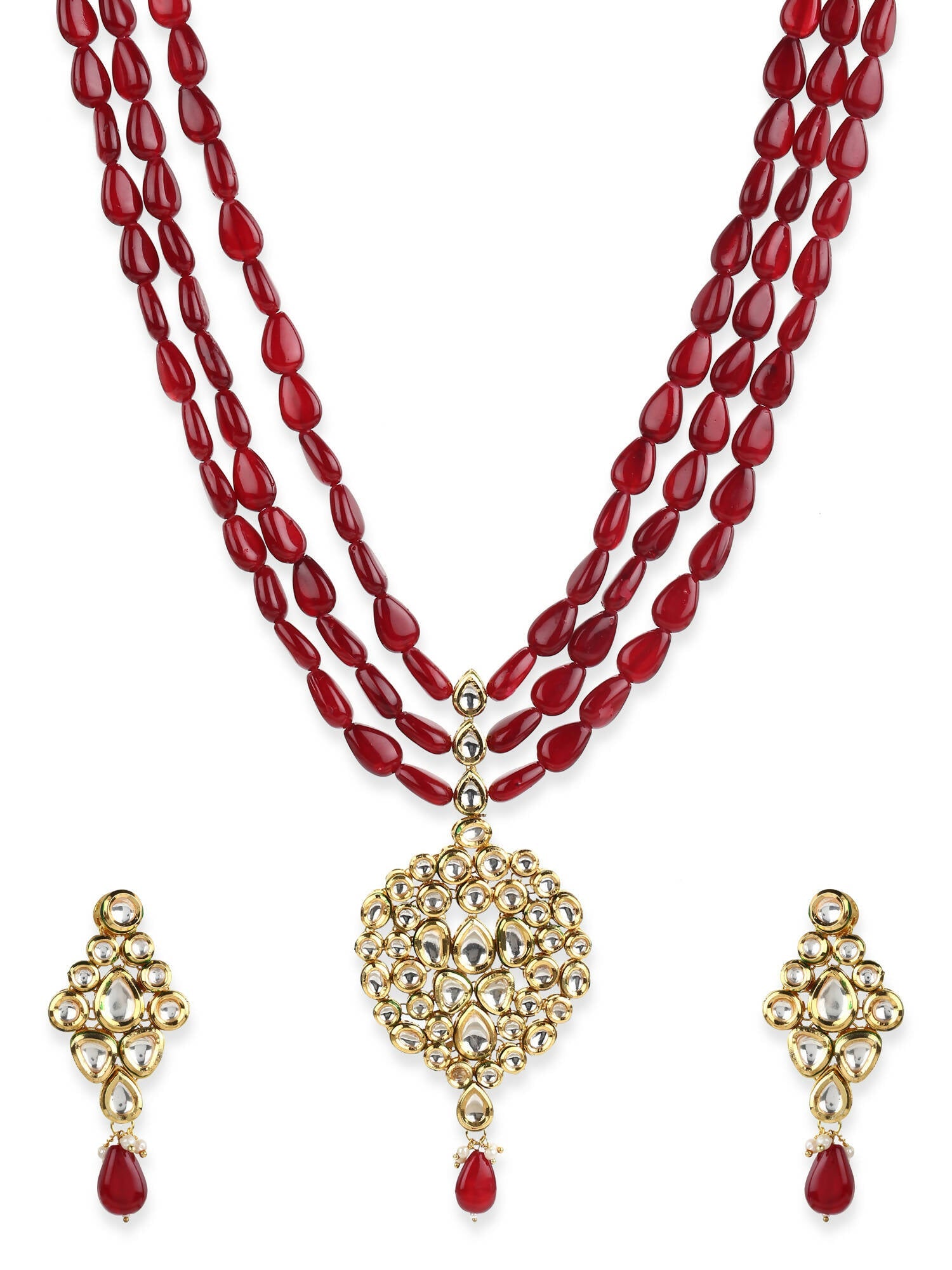 Gold-Plated White Maroon Kundan Studded Beaded Handcrafted Jewellery Set - Ruby Raang - Grab2buy