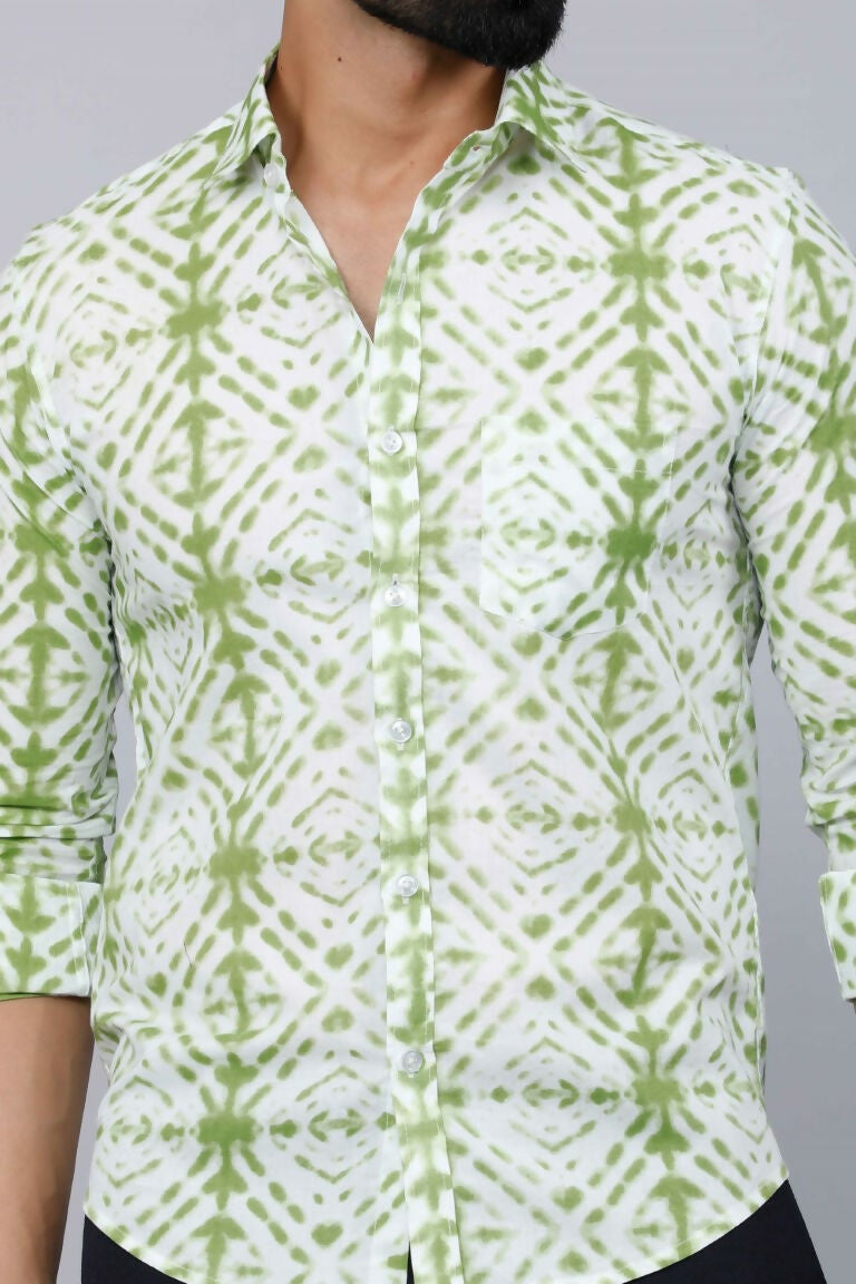 Miravan Men's Premium Green and White Slim Fit Tie Dye Cotton Shirt 